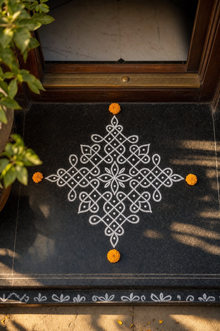 A traditional kolam design drawn at a doorstep, decorated with marigold flowers