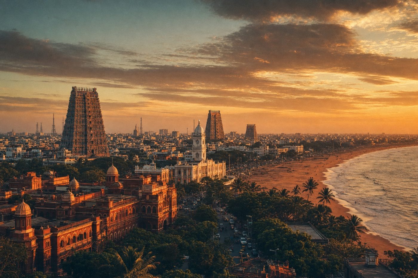 Chennai skyline with temple towers and Marina Beach at sunset