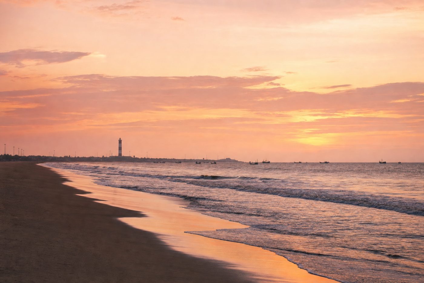 Marina Beach at sunrise with a lighthouse in the distance