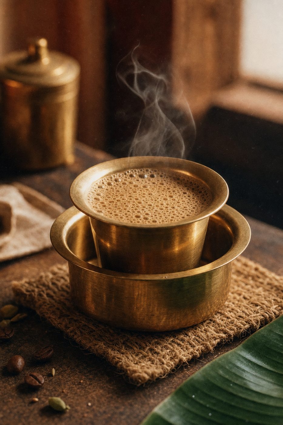 A tumbler of South Indian filter coffee with steam rising